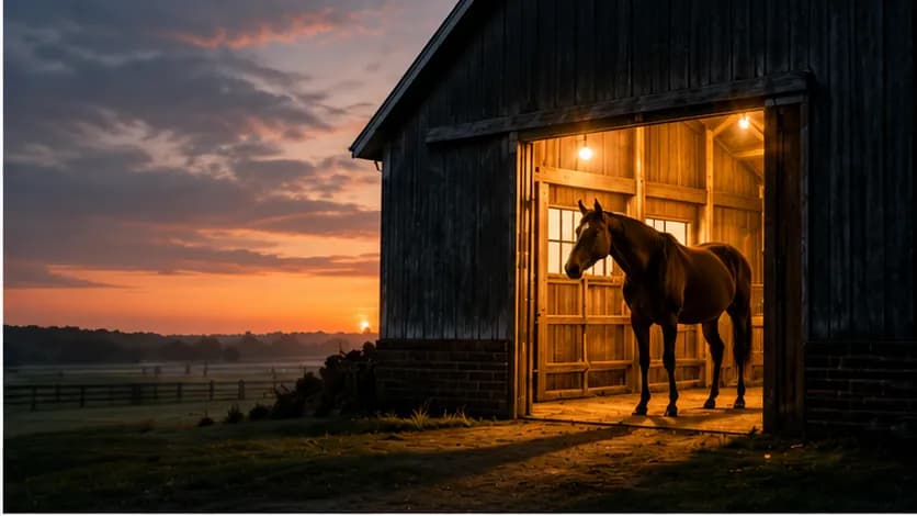 A horse in a lit barn doorway at dusk, keeping watch over the farm.