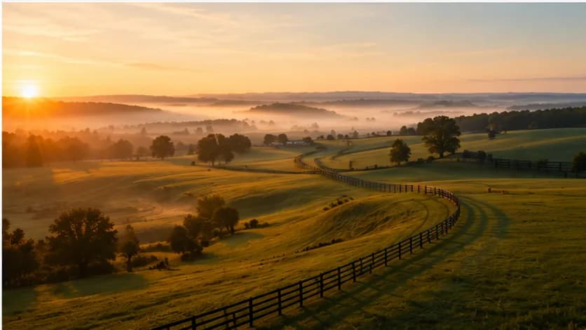 Rolling horse pasture with board fencing under a sunrise mist.