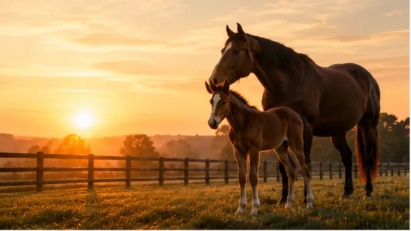 A mare and her newborn foal standing together in a fenced pasture at sunrise.