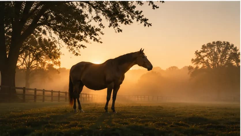 A solitary mare in a misty field at first light.
