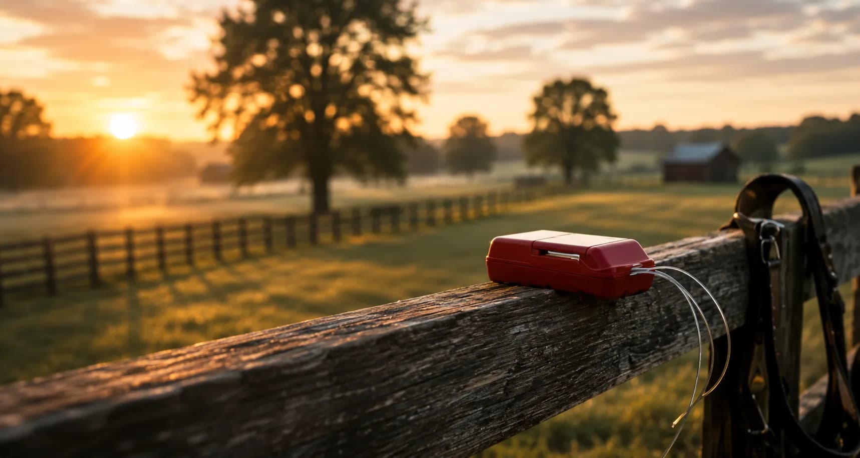 A red foalert classic transmitter resting on a pasture fence rail at sunrise.